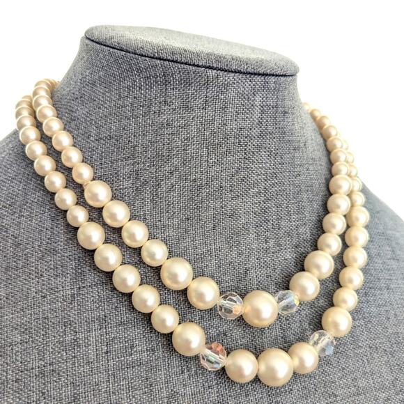 Vintage AB Glass Beaded Faux Pearl Double Strand Classic Retro 50s Necklace - Picture 2 of 3